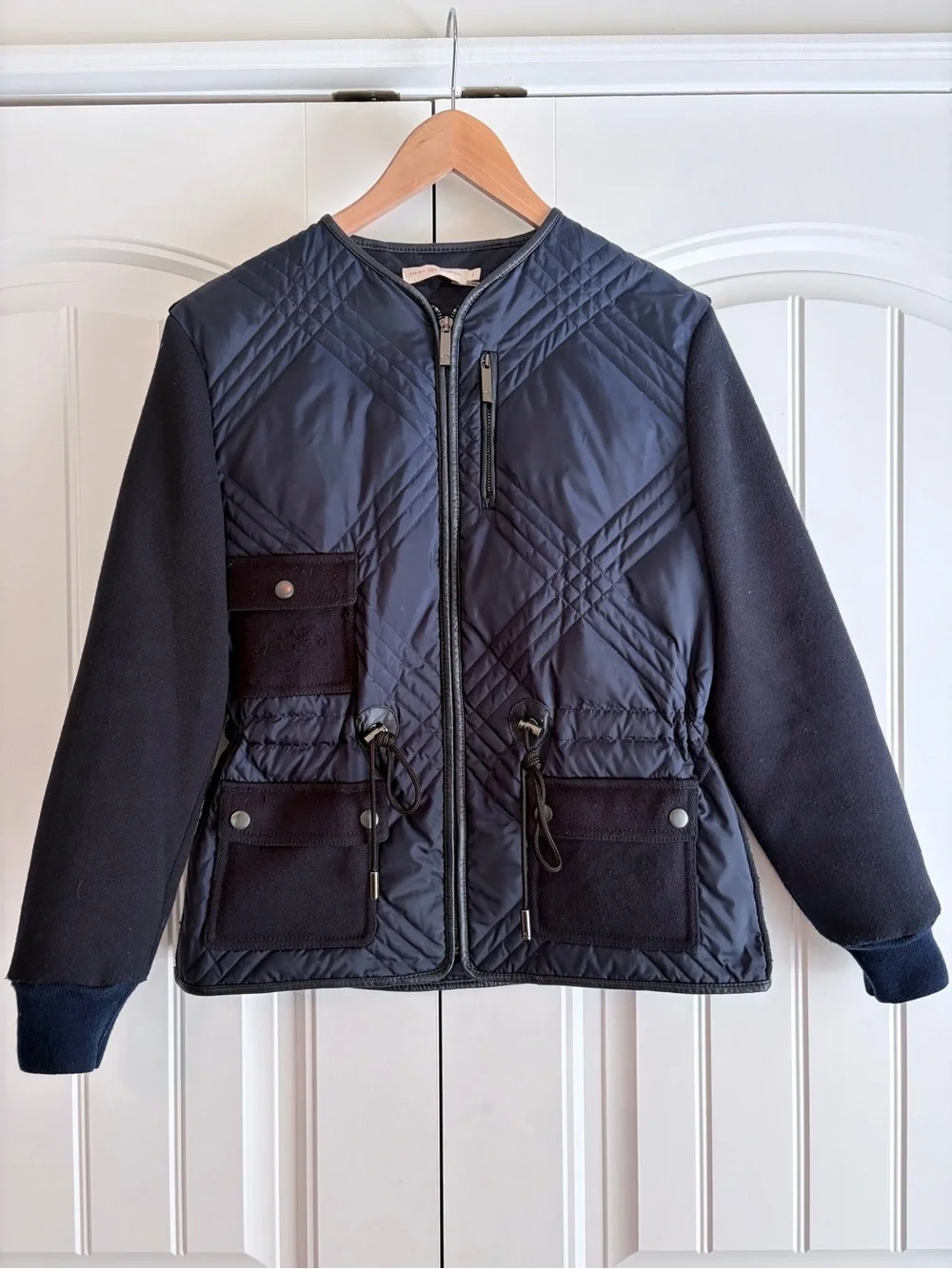 Tory Burch Hilary Quilted Tech Combo Bomber Jacket Navy Women's Size 0 Shaping